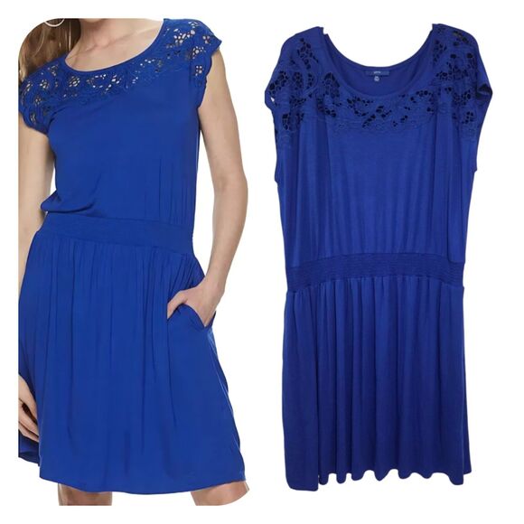 Apt. 9 Cinched Waistline T-Shirt Dress 2XL Blue Embroidered Scoop Neck Stretch - Picture 1 of 13